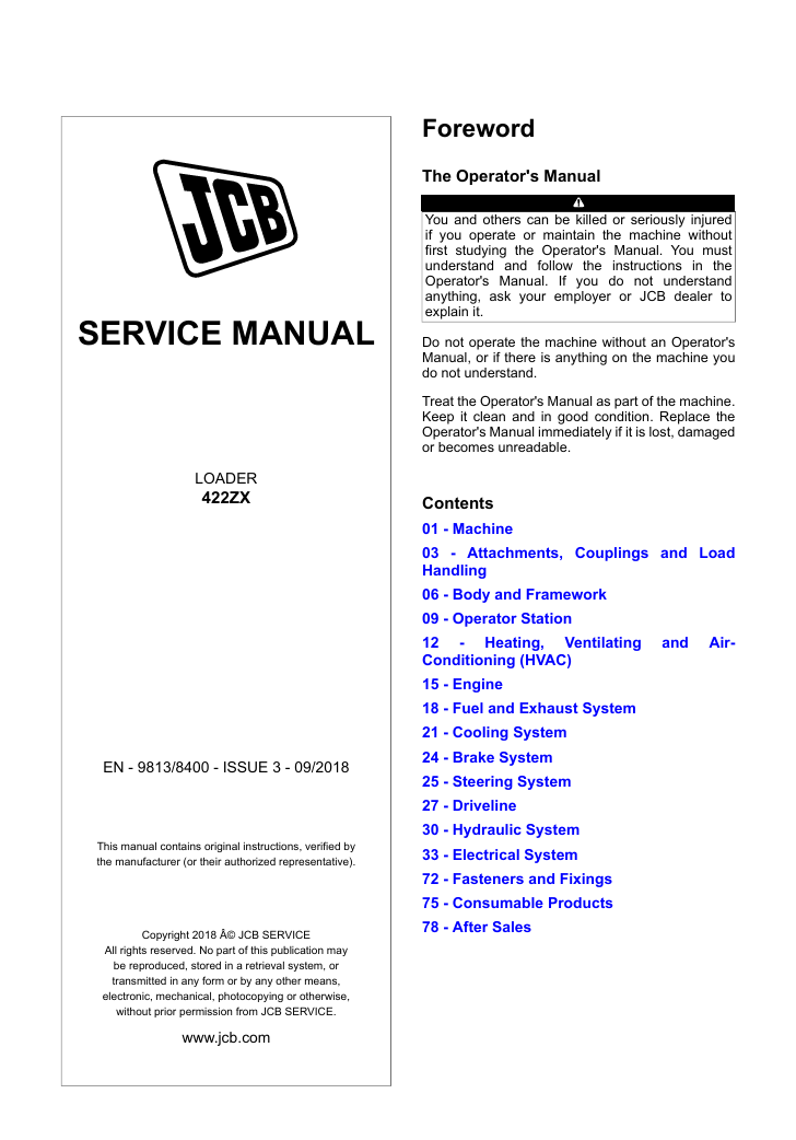 Detailed repair manual for JCB 422ZX Wheel Loader, offering guidance on service and maintenance practices