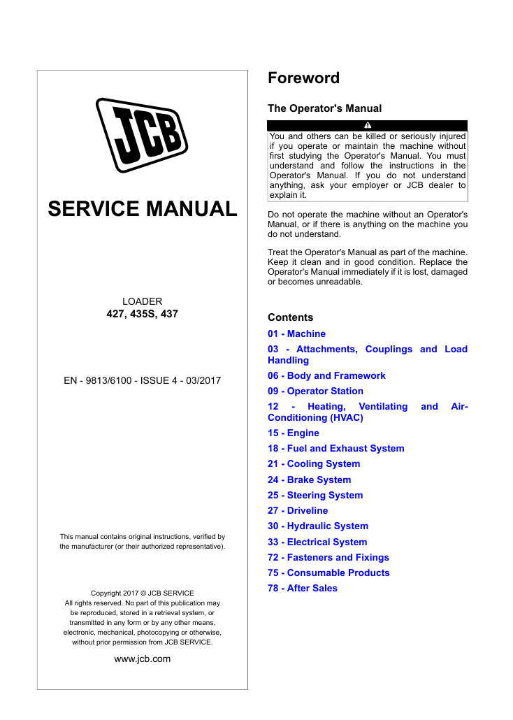 Detailed service and repair manual for the JCB 435S Wheel Loader, including maintenance protocols and troubleshooting advice