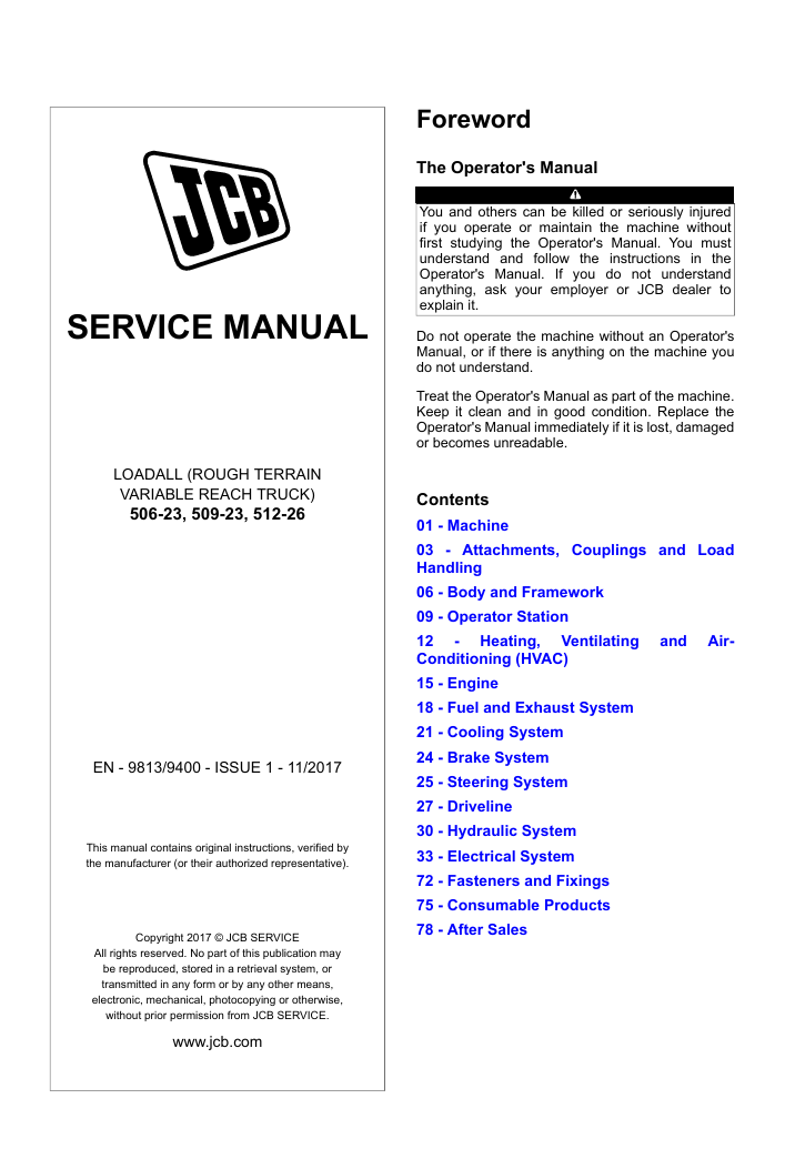 Comprehensive service repair manual for the JCB 509-23 Loadall, providing essential maintenance guidelines and procedures