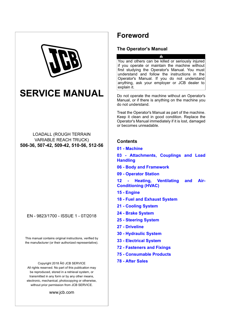 Service repair manual for JCB 509-42 telehandler, detailing maintenance and troubleshooting procedures