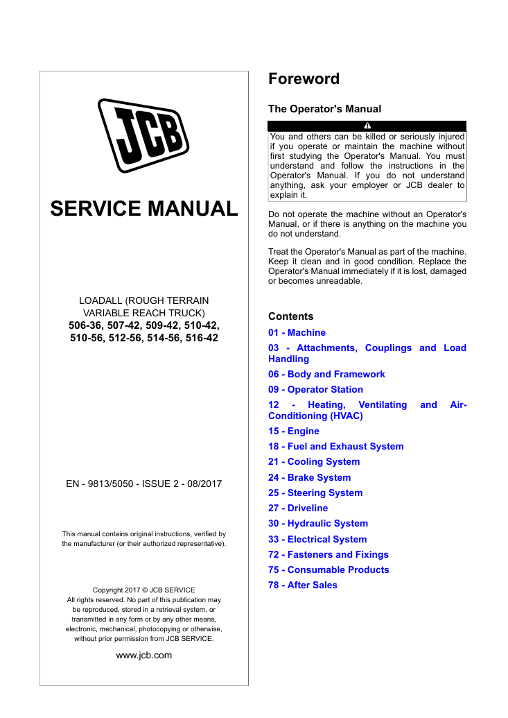 Service repair manual for JCB 510-56 Loadall, detailing maintenance and repair procedures for optimal performance