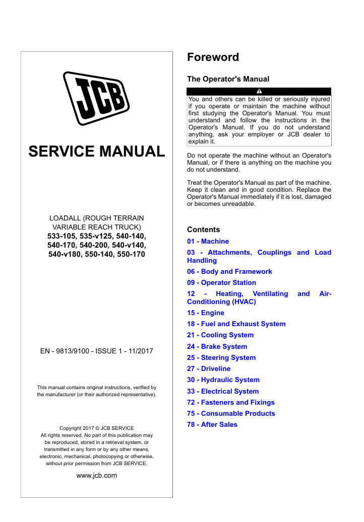 Comprehensive service manual for JCB Loadall 535-v125, covering repair guidelines and maintenance tips