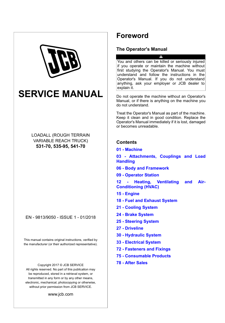 JCB 541-70 Loadall service manual, providing essential repair instructions and maintenance tips