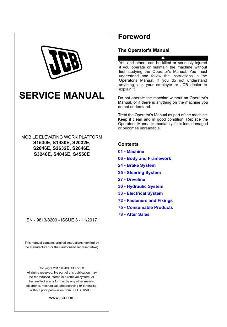 Repair manual for JCB S2032E Work Platform, offering guidance on service procedures and maintenance best practices