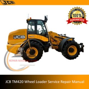 Service Repair Manual for JCB TM420 Wheel Loader, showcasing the loader and detailed diagrams for repair instructions