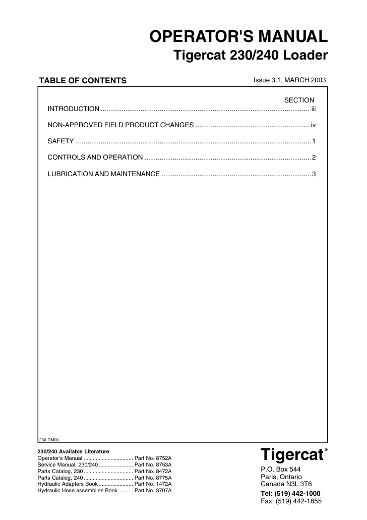 Operator's Manual for the Tigercat 230 Loader, highlighting key operational guidelines and safety information for users