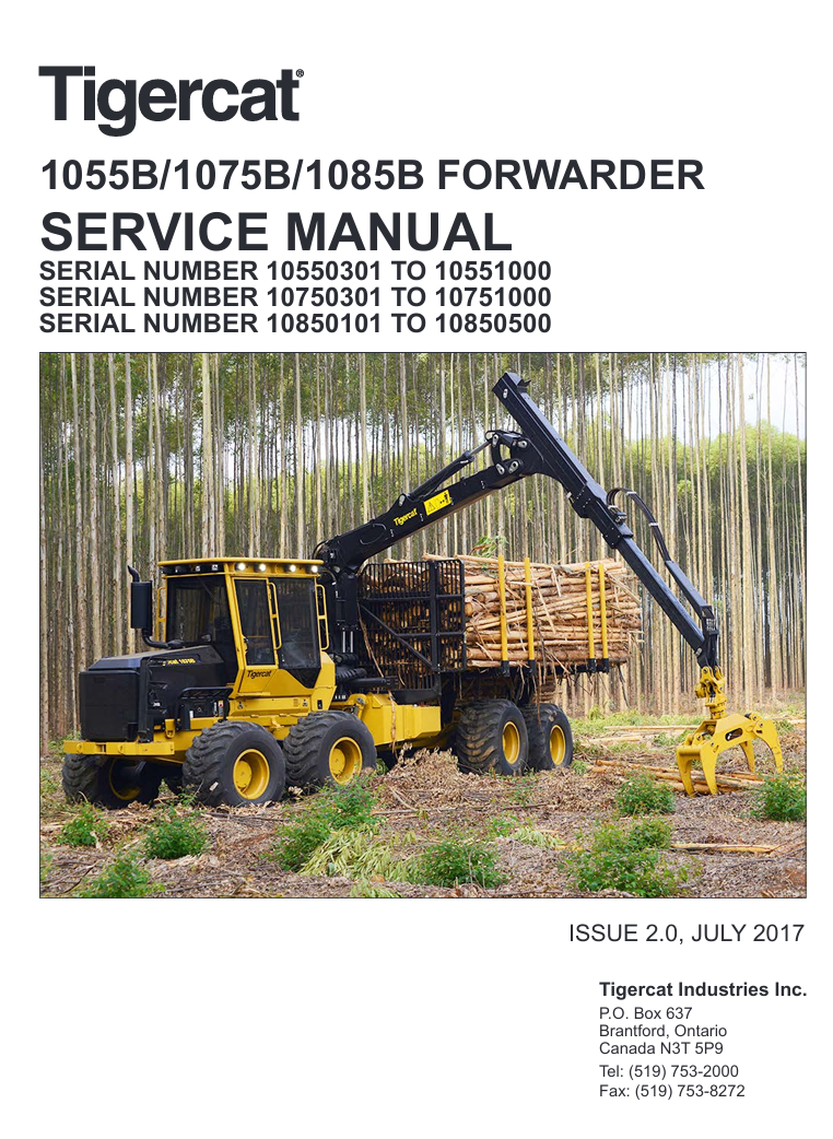 Service repair manual for the Tigercat 1085B Forwarder, detailing maintenance and repair procedures