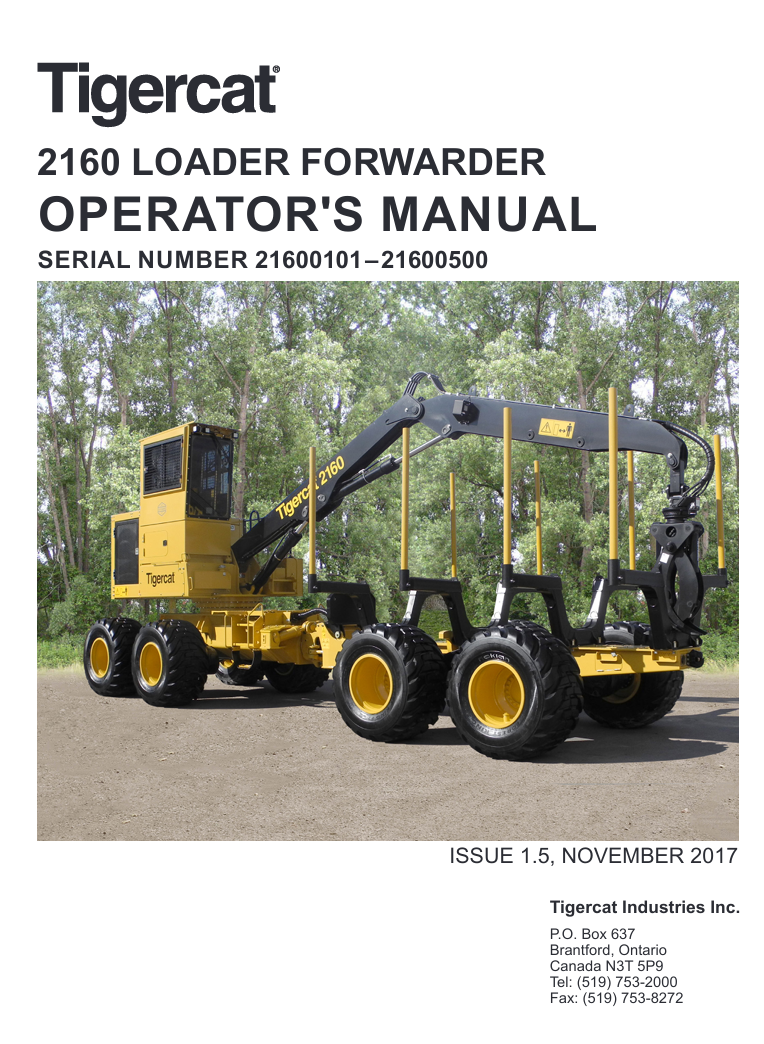 Tigercat 2160 Loader Forwarder operator's manual, providing essential information on operation and maintenance