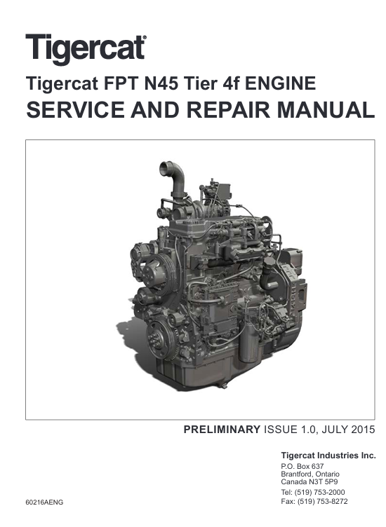 Service Repair Manual for Tigercat FPT N45 Tier 4f Engine, highlighting repair procedures and technical specifications