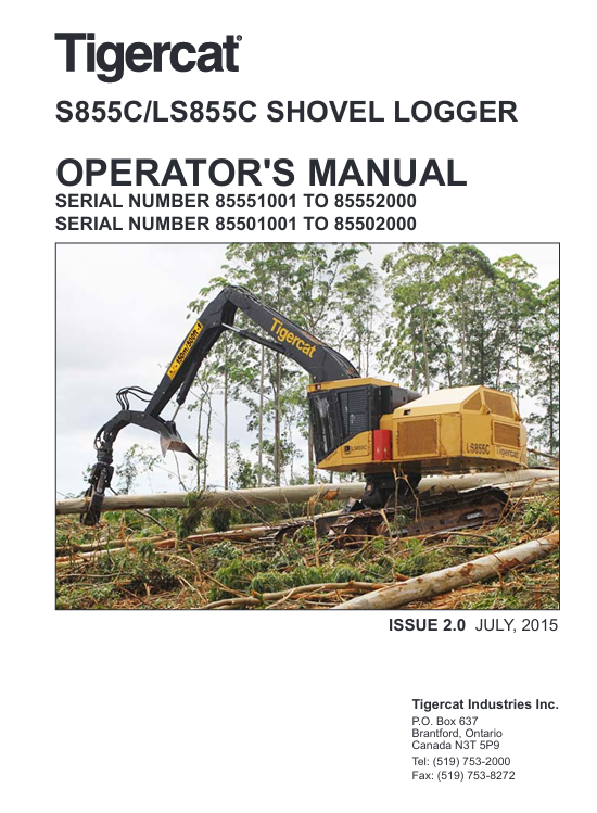 Tigercat S855C Shovel Loader Operator's Manual, showcasing the title and key operational details for users