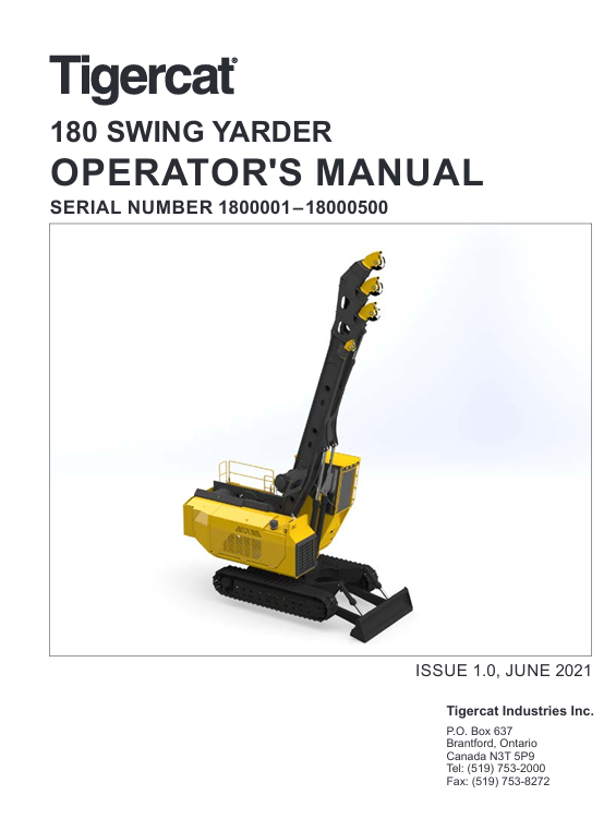 Operator's Manual for the Tigercat 180 Swing Yarder, highlighting the model and important usage information