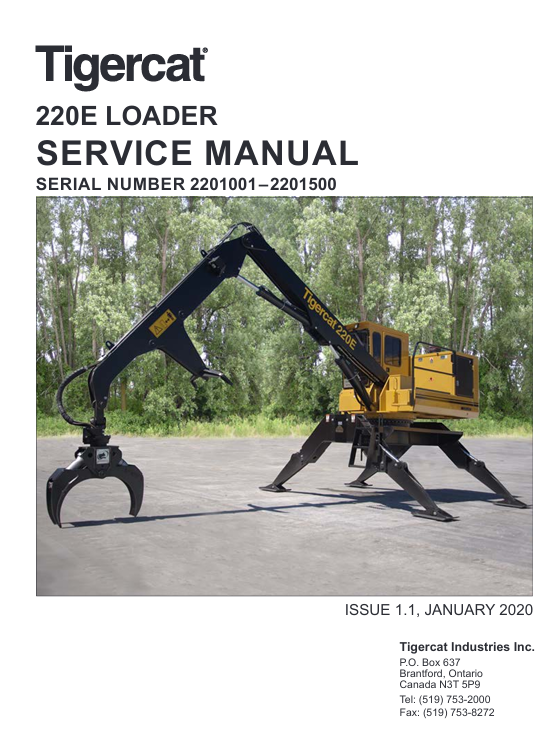 Tigercat 220E Loader Service Repair Manual cover featuring detailed diagrams and maintenance instructions