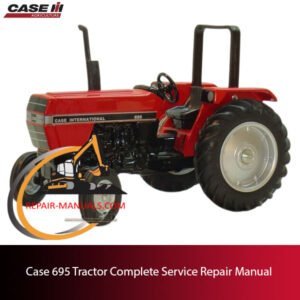 Service repair manual cover for Case 695 Tractor, featuring detailed diagrams and instructions for maintenance and repairs