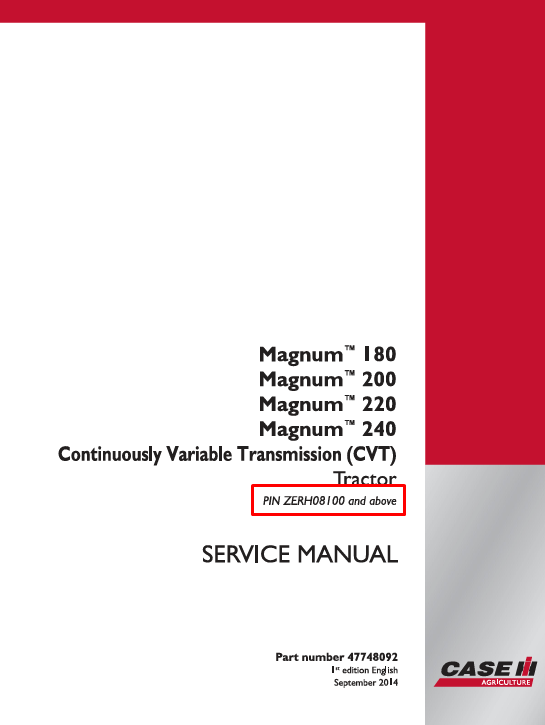 Service repair manual cover for Case IH Magnum 240 CVT Tractor, featuring technical diagrams and maintenance instructions