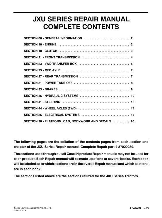 Case JXU Tractor service repair manual, showcasing essential repair guidelines and diagrams for efficient tractor maintenance