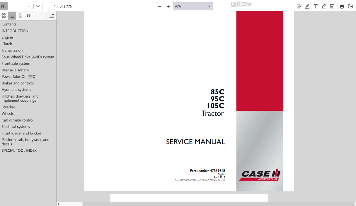 Service manual for Case 85C Tractor, displaying repair techniques and maintenance tips for optimal tractor performance