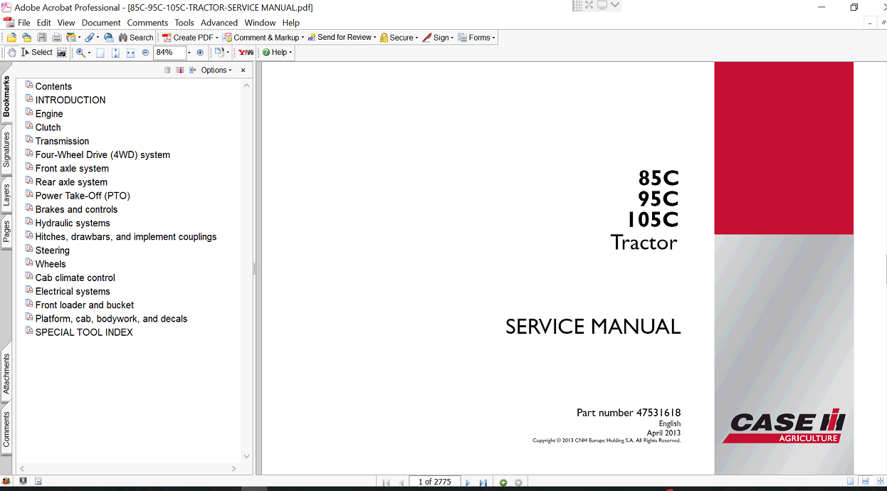 the service repair manual for Case Farmall 95C tractor, including diagrams and step-by-step repair procedures