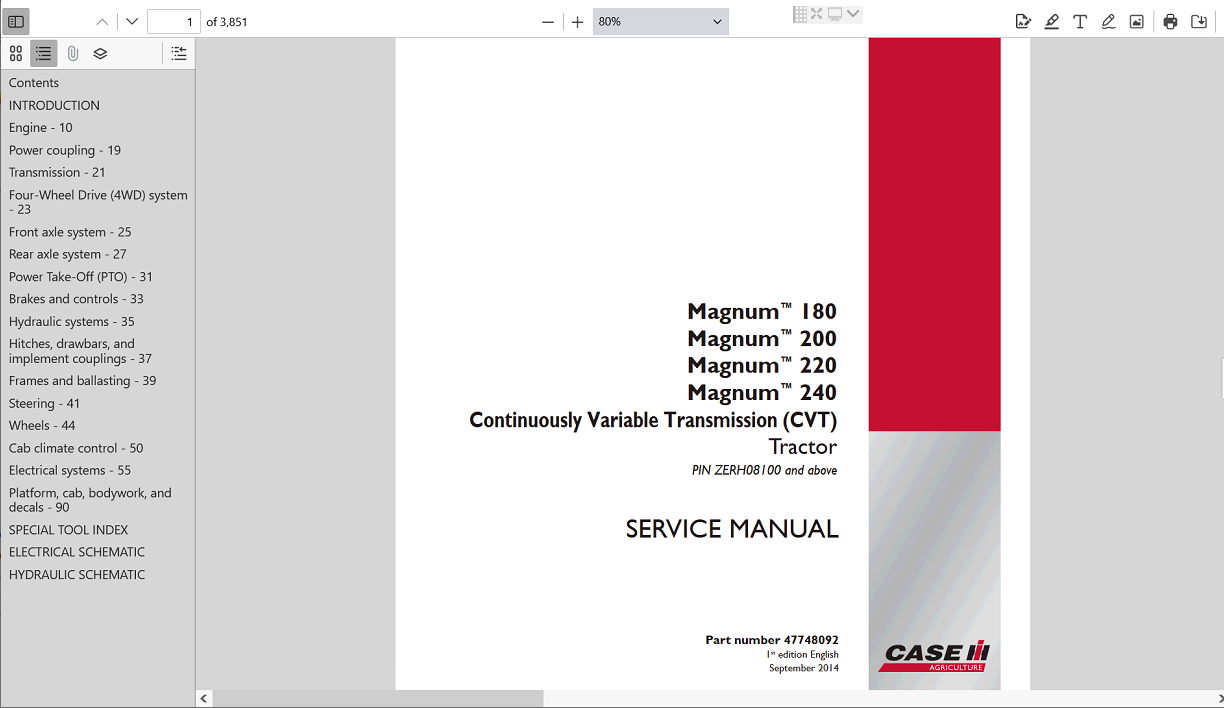 Service repair manual cover for Case IH Magnum 240 Tractor, featuring technical illustrations and detailed instructions