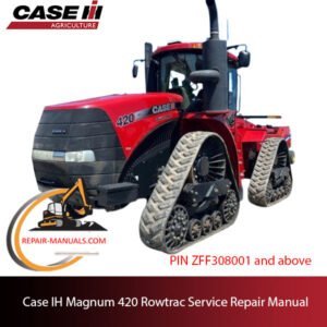 Service repair manual cover for Case IH Magnum 420 Rowtrac Tractor, featuring technical diagrams and maintenance guidelines