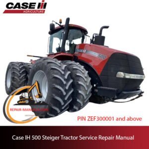 Service repair manual cover for Case IH 500 Steiger tractor, featuring technical diagrams and maintenance instructions