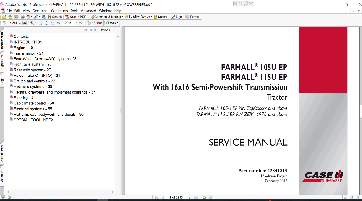 Service manual for Case Farmall 115U EP Tractor, including troubleshooting tips and detailed repair instructions
