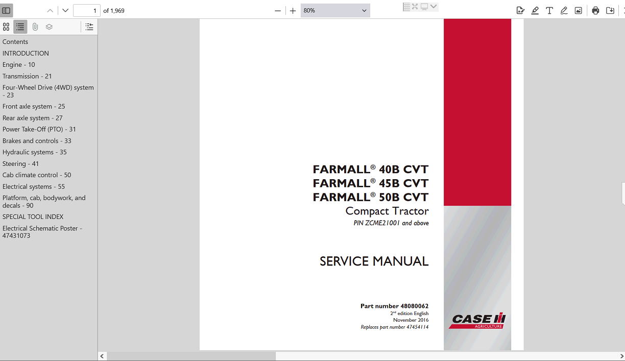 Service repair manual cover for Case IH Farmall 45B CVT, featuring technical illustrations and detailed instructions