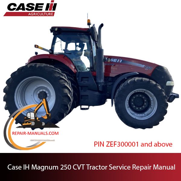Service repair manual cover for Case IH Magnum 250 CVT Tractor, featuring technical diagrams and maintenance instructions