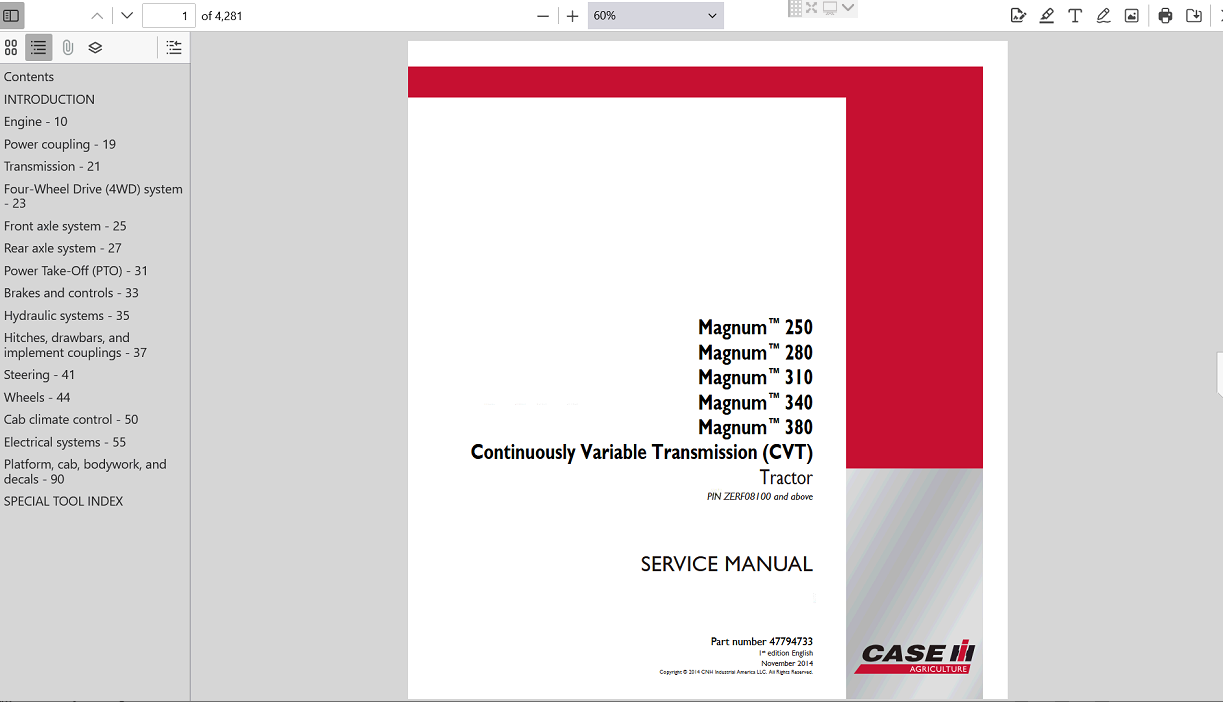 Cover of the service repair manual for Case IH Magnum 250 CVT Tractor, providing essential repair and maintenance guidelines