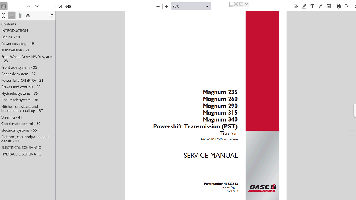 Service manual for Case IH Magnum 260 tractor, highlighting repair techniques and maintenance information