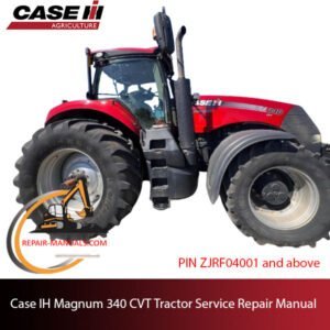 Service repair manual cover for Case IH Magnum 340 CVT Tractor, featuring technical diagrams and maintenance instructions