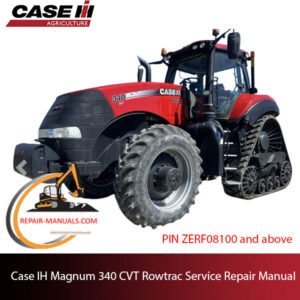 Service repair manual cover for Case IH Magnum 340 Rowtrac tractor, featuring technical diagrams and maintenance guidelines