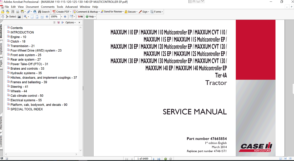 Service manual for Case IH Maxxum 110 EP Tractor, displaying repair procedures and technical drawings for effective maintenance
