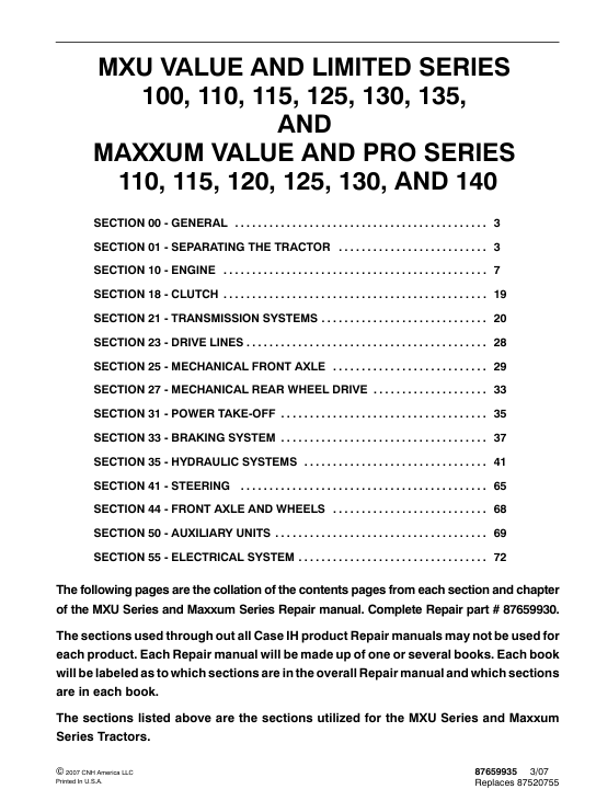 Case MXU 115 tractor service repair manual, highlighting repair techniques and maintenance guidelines