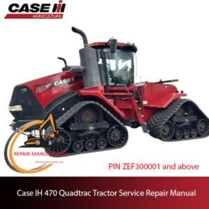 Service repair manual cover for Case IH 470 Quadtrac Tractor, featuring technical diagrams and maintenance instructions