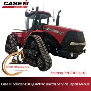 Service repair manual cover for Case IH Steiger 450 Quadtrac Tractor, featuring detailed diagrams and instructions