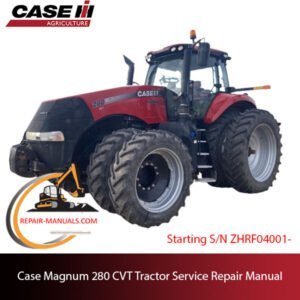 Service repair manual cover for Case Magnum 280 CVT tractor, featuring technical diagrams and maintenance instructions