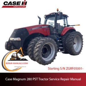 Service repair manual cover for Case Magnum 280 PST tractor, featuring technical diagrams and maintenance instructions