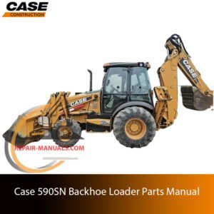 Parts manual cover for Case 590SN Backhoe Loader, featuring detailed diagrams and part specifications