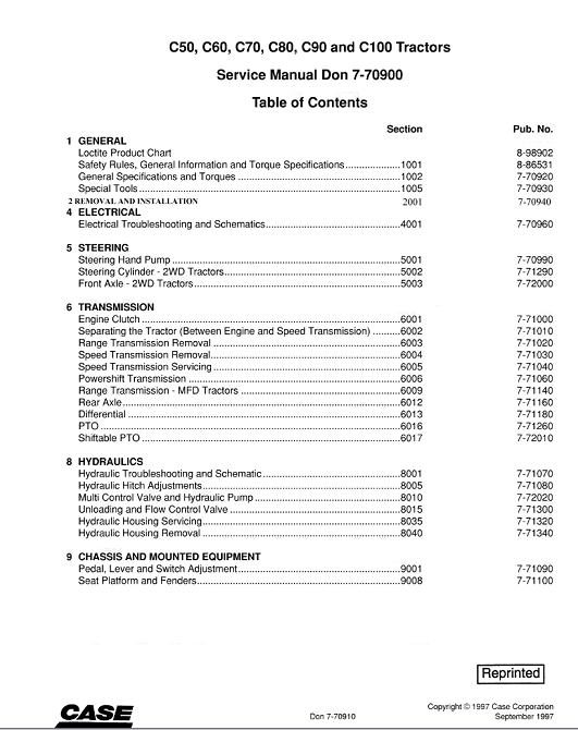Case C50 tractor repair manual cover, providing comprehensive service instructions and technical illustrations