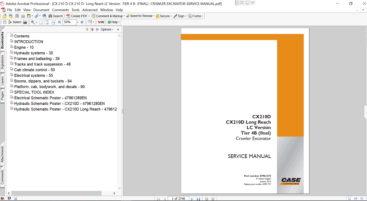 Service repair manual for case cx210d long reach, displaying key repair procedures and maintenance instructions