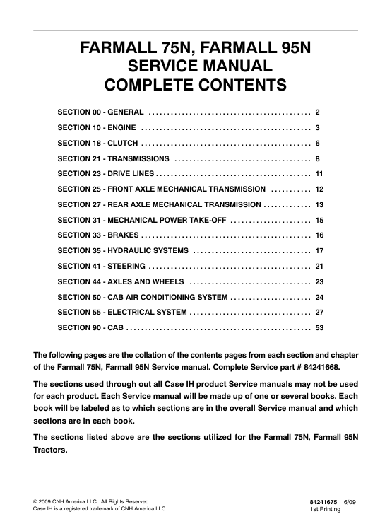 Case Farmall 75N Tractor service manual, displaying the title and key maintenance information for the tractor