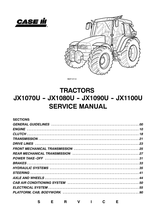 Service repair manual for Case JX1070U tractor, highlighting essential repair techniques and component illustrations