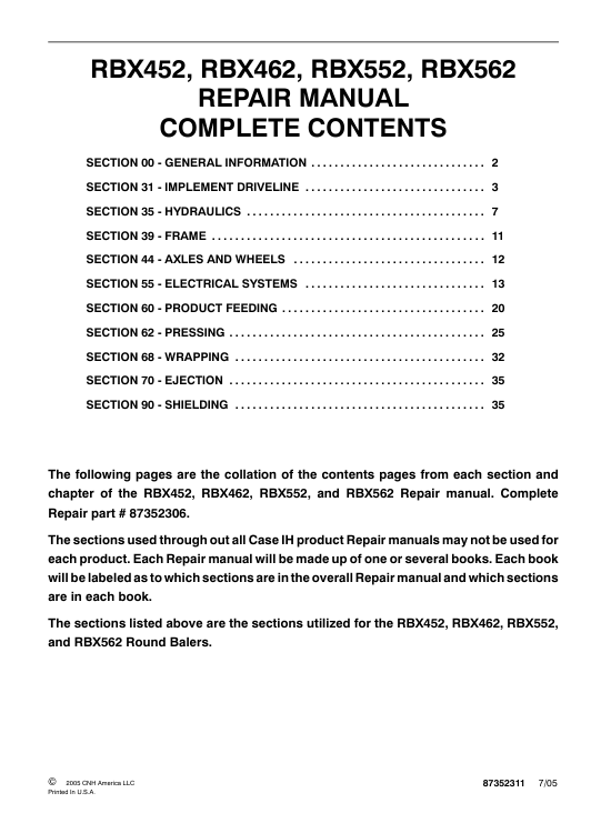 Service Repair Manual for Case IH RBX 452 Round Baler, Highlighting essential repair and service information