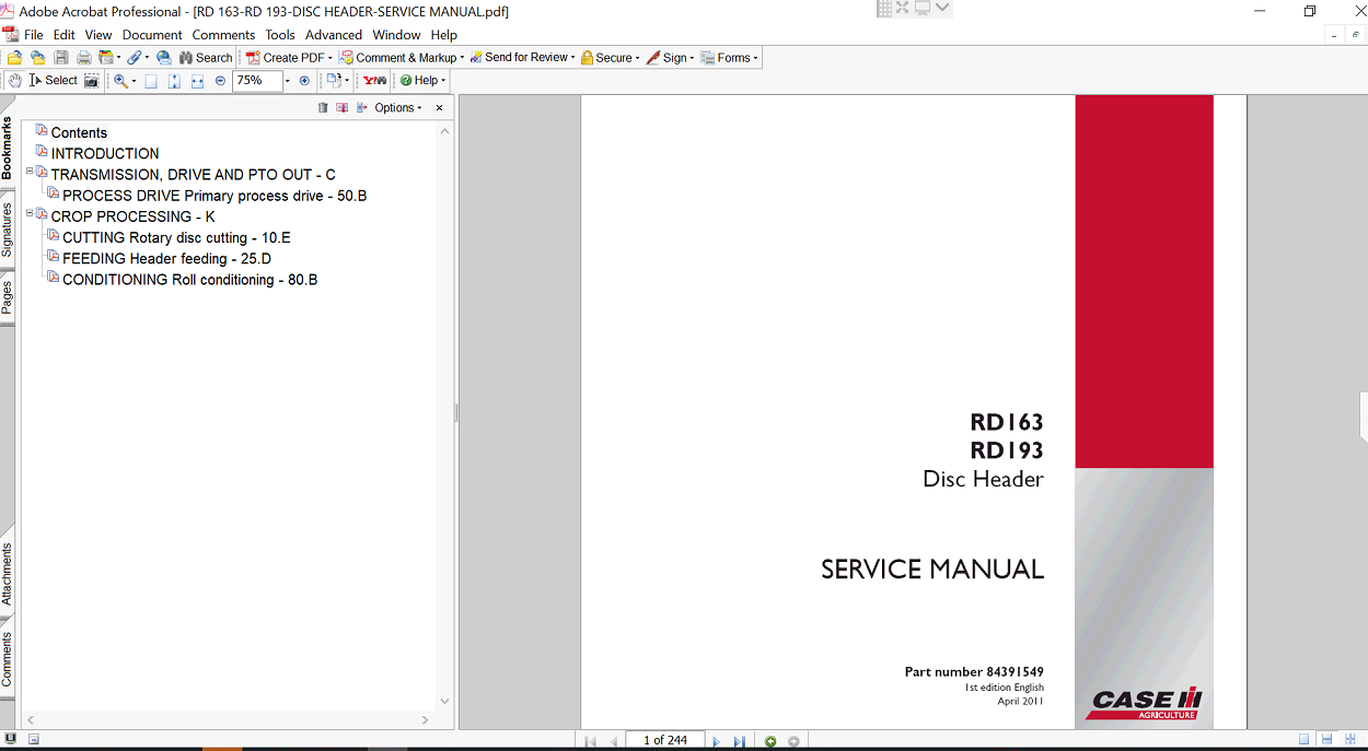 Service Repair Manual for Case IH RD193 Disk Header, displaying key repair procedures and illustrations for effective maintenance