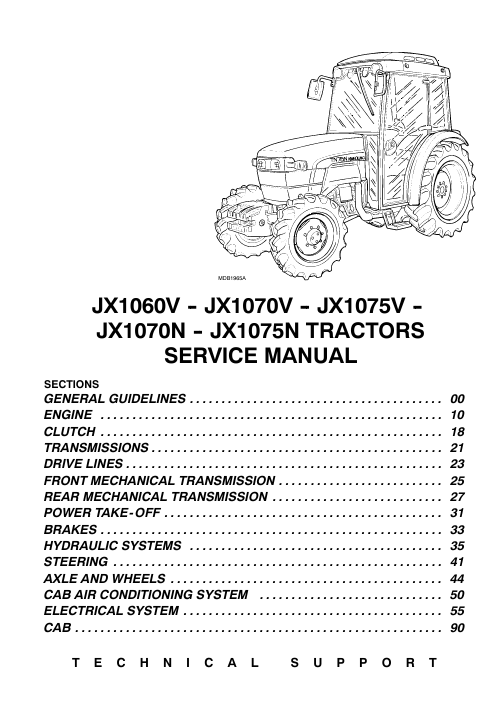 Service repair manual cover for Case JX1075N tractor, featuring technical illustrations and detailed maintenance instructions