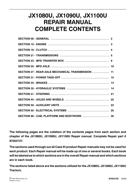 Service manual for Case JX1080U tractor, highlighting repair techniques and essential maintenance information