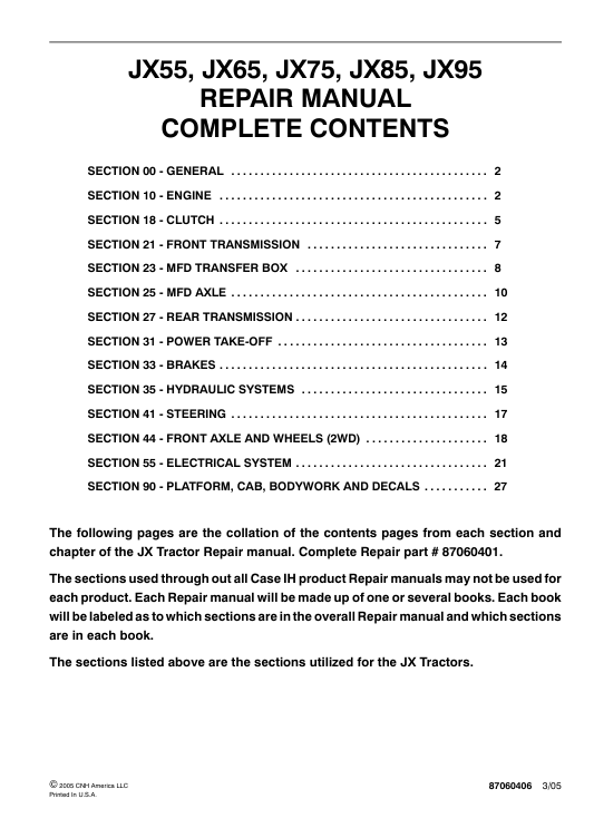 Service repair manual cover for Case JX65 tractor, displaying key repair procedures and illustrations for effective maintenance