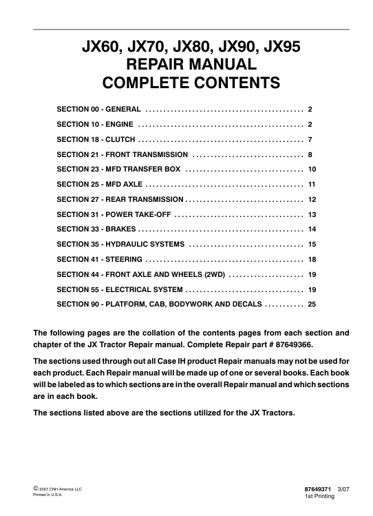 Service repair manual cover for Case JX95 tractor, displaying repair procedures and illustrations for effective troubleshooting