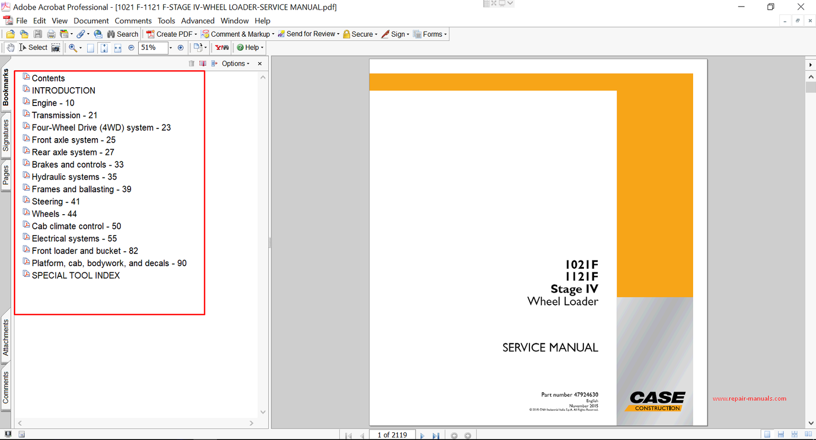 Service repair manual for Case Case 1121F Wheel Loader, including maintenance tips and technical specifications with highlighting repair procedures