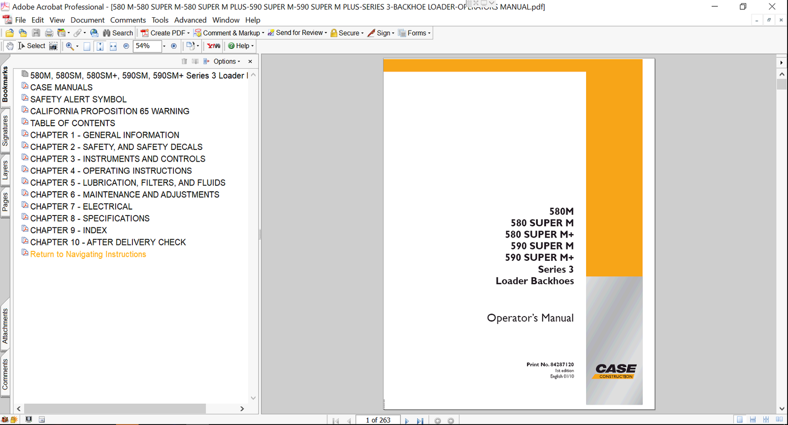 The Operator’s Manual for case 590 super m series 3, featuring the Case logo and model name with a technical illustration or photo of the backhoe loader